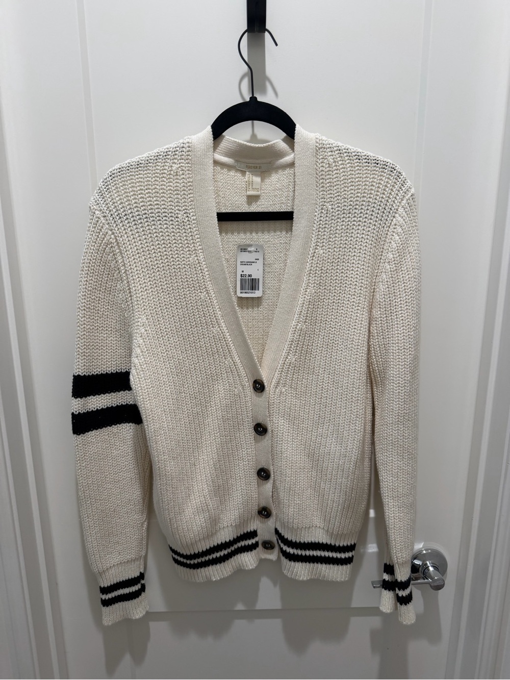 Women’s Cream V-Neck Button Cardigan with Black Stripe Detail